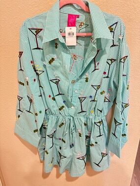 QUEEN OF SPARKLES Mint Green Gingham Embroidered Martini Romper -NWT
